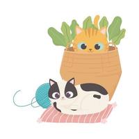 cats make me happy, spotted cat with ball of wool and kitten in basket vector