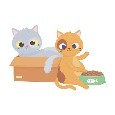 cats make me happy, cat in box and other with food cartoon