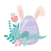 happy easter day, cute egg with ears flowers foliage decoration vector