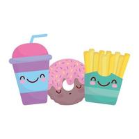 papas fritas donut y taza desechable personaje de menú comida de dibujos animados lindo vector