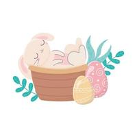 happy easter day, rabbit in basket eggs nature vector