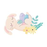 happy easter day, rabbit resting with eggs flowers foliage cartoon vector