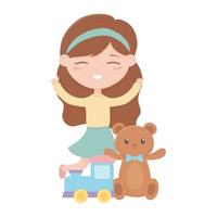 zona infantil, linda niña juguetes oso de peluche tren dibujos animados vector