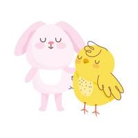 feliz pascua rosa conejo con pollo cartoon vector