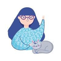 young woman with eyeglasses and gray cat isolated image vector