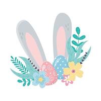 happy easter ears eggs flowers foliage decoration vector