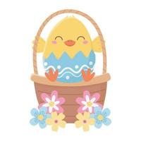 feliz día de pascua, pollo en cáscara de huevo, cesta, flores, decoración vector