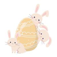 feliz día de pascua, lindos conejos con decoración de huevos pintados vector