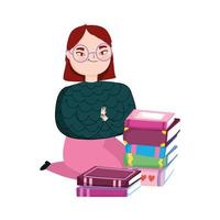 young woman on the knees with stack books, book day vector