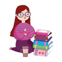 mujer joven de rodillas con libros y taza de café, día del libro vector