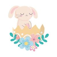 happy easter day, rabbit in eggshell flowers foliage vector