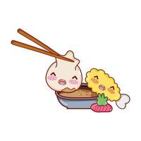 kawaii dumpling in sticks sauce tempura wasabi food japanese cartoon , sushi and rolls vector