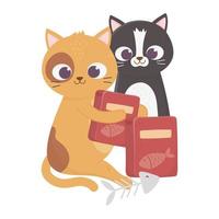 cats make me happy, cute felines with food boxes and fishbone vector