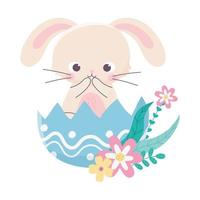 feliz día de pascua, lindo conejo en cáscara de huevo decoración de flores vector