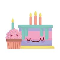 pastel de cumpleaños y cupcake con velas personaje de menú comida de dibujos animados lindo vector