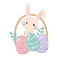 happy easter rabbit basket with eggs leaves vector