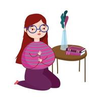 young woman on the knees with table book and flowers in vase, book day vector