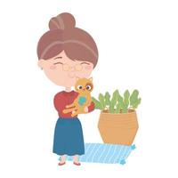 cats make me happy, old woman carrying cat with ball basket vector