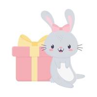 feliz cumpleaños lindo conejo con regalo y arco de dibujos animados vector