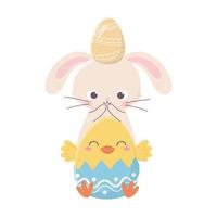 happy easter day, rabbit with egg in head and chicken in eggshell nature vector