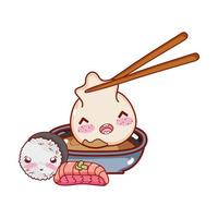 kawaii with dumpling in sauce rice and fish food japanese cartoon, sushi and rolls