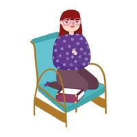 young woman sitting in chair book cat and wall, book day vector