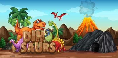 Dinosaurs cartoon character in nature scene vector