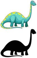 Set of dinosaur cartoon character and its silhouette on white background vector