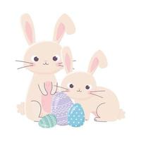 happy easter day, rabbits and decorative eggs nature vector