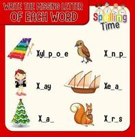 Write the missing letter of each word worksheet for children vector