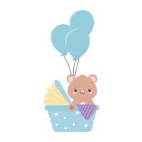 baby shower cute bear in pram with balloons decoration vector