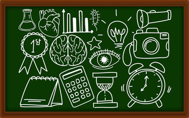 Different doodle strokes about school equipment on chalkboard