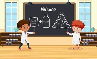 Young scientist explaining volcano experiment in front of a board in laboratory vector