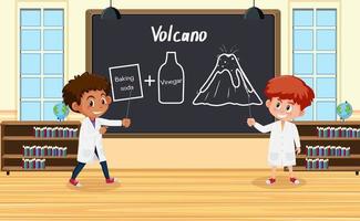 Joven científico explicando el experimento del volcán delante de una placa en el laboratorio vector