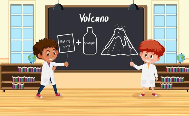 Young scientist explaining volcano experiment in front of a board in laboratory