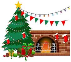 Fireplace with Christmas tree and objects on white background vector