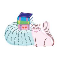 gato con libros cojín dibujos animados, día del libro vector