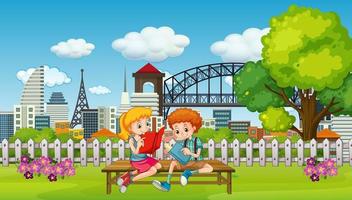 Scene with two children reading book in the park vector