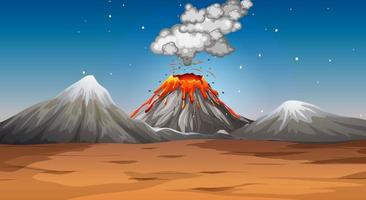 Volcano eruption in desert scene at night