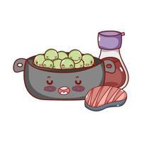 kawaii cooking pot peas meat and sake food japanese cartoon, sushi and rolls vector