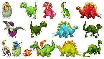Conjunto de diferentes personajes de dibujos animados de dinosaurios aislado sobre fondo blanco.