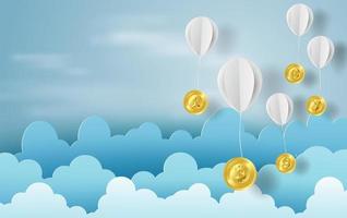 Arte de papel de globos como nubes en banner de cielo azul con bitcoins vector