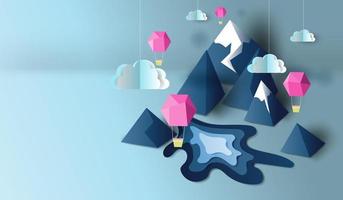 Paper cut art with 3D mountain view and balloons banner background vector