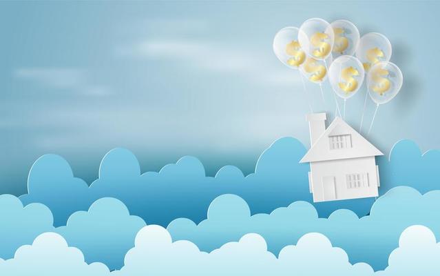 Paper art of balloons as clouds on blue sky banner with house