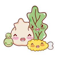 kawaii chicken tempura vegetables and dumpling japanese cartoon, sushi and rolls vector