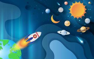 Paper art banner with rocket launching and space galaxy vector