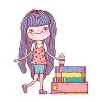 little girl with smoothie and stacked books isolated design vector