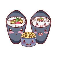 kawaii temaki sushi arroz ensalada caviar comida dibujos animados japoneses, sushi y rollos vector