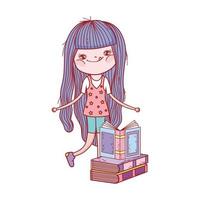 little girl with smoothie and stacked books isolated design vector