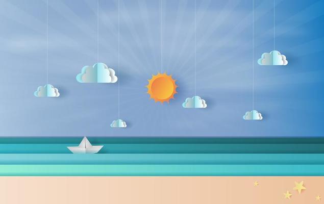 Paper art and craft style beach horizon banner background